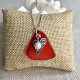Wedge Sea Glass & Pearl Necklace - Fire Heart - Pearl Jewelry
